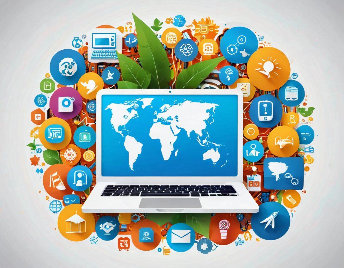 A vibrant digital collage showcasing various blog niches such as lifestyle, technology, health, and travel, represented through playful icons and illustrations. Include a laptop at the center, surrounded by thematic symbols like a plant, circuit board, camera, and a globe, symbolizing tailored content. Use bright, engaging colors with a modern design aesthetic. 3D elements. vibrant colors. white background.