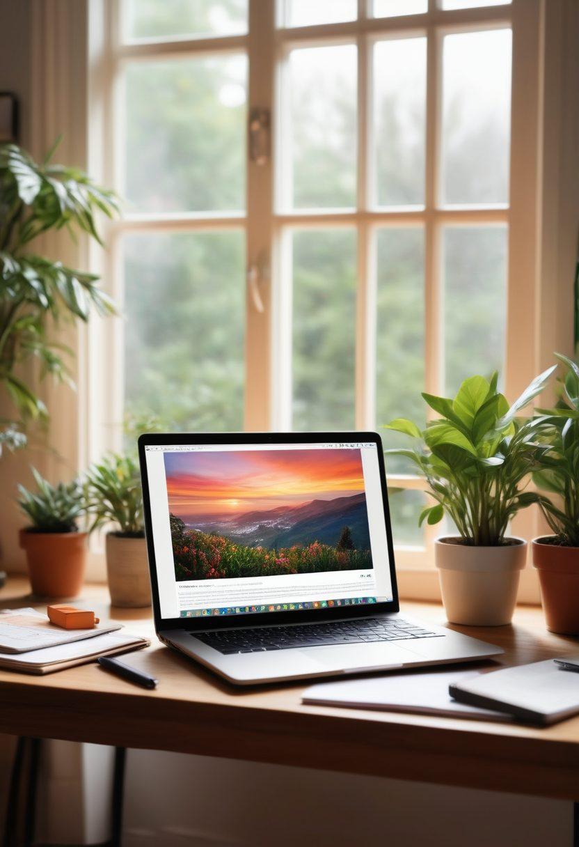 A cozy, inviting workspace with a laptop displaying an open blog with vibrant, colorful posts. Surrounding the laptop are personal items like photographs and plants symbolizing connection and creativity. In the background, a soft light filters through a window, creating a warm atmosphere that encourages engagement and reflection. super-realistic. warm tones. soft focus.
